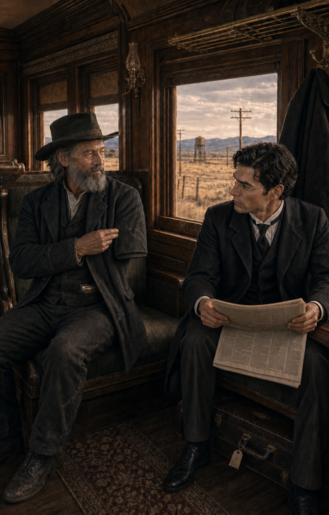 Two men in dark coats sit facing each other in a train car, a water tower and telegraph lines visible on the prairie outside the window.