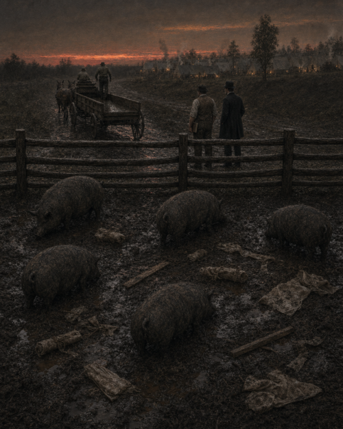 Two men stand at a fence at dusk watching hogs root through a muddy pen scattered with wrapped bundles, a loaded wagon departing toward a lit camp beyond.