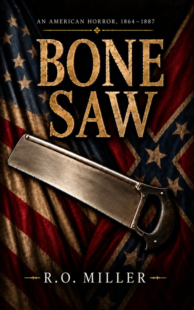 Bone Saw cover: a Civil War amputation saw laid across a faded American flag, the title set in cracked gold lettering.