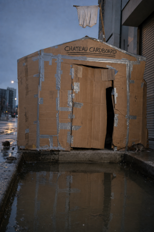 A ramshackle cardboard shelter labeled Chateau Cardboard beside a flooded curb at dusk, with rats nearby and a pair of underwear strung above it like a flag.