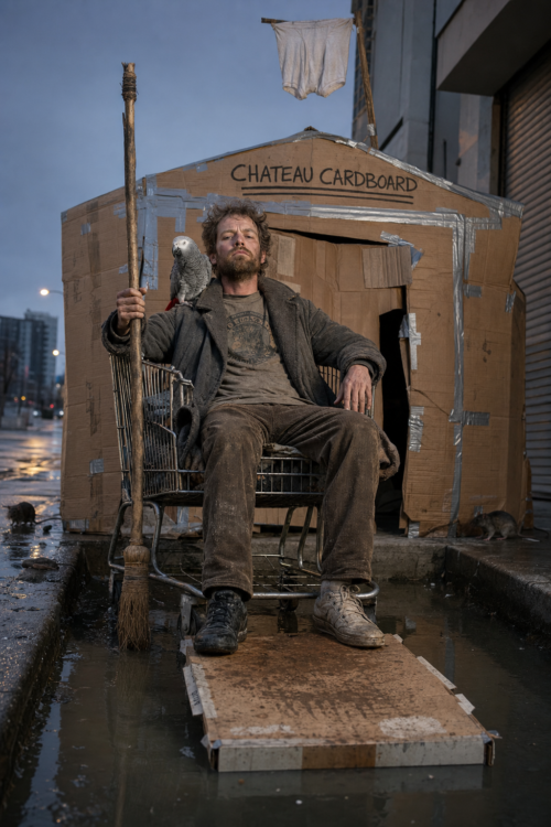 A disheveled man sits enthroned in a shopping cart outside Chateau Cardboard, a grey parrot on his shoulder and a broom held like a scepter.