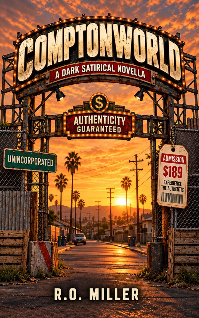 Cover of ComptonWorld, a dark satirical novella by R.O. Miller, showing a weathered theme park entrance arch reading Comptonworld, A Dark Satirical Novella, with a marquee sign promising Authenticity Guaranteed and an admission ticket priced at $189, opening onto an ordinary residential street at sunset.