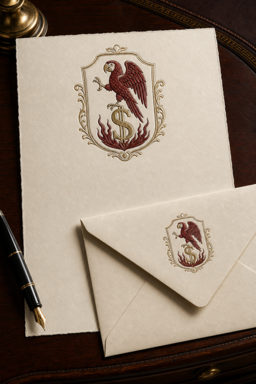 Cream stationery and a matching envelope embossed with a crest of a parrot perched on a burning dollar sign.