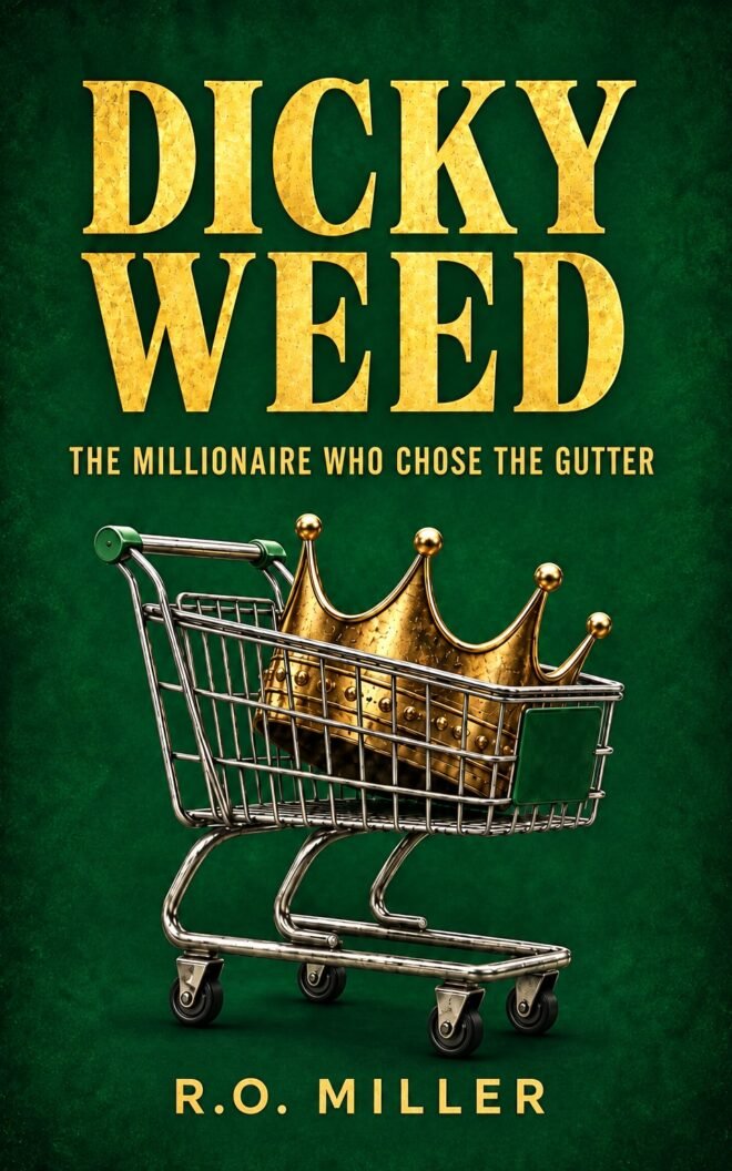 Dicky Weed cover: a tarnished gold crown sitting in a chrome shopping cart against a dark emerald field.