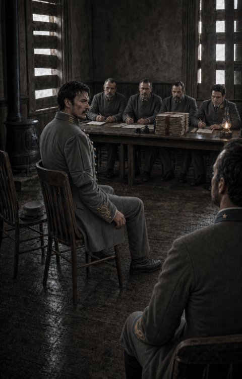 An officer sits facing a panel of five seated officers in a bare wooden room lit by narrow shuttered windows.
