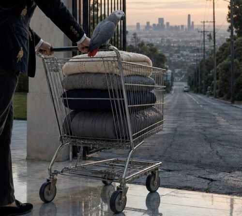 A close view of the same shopping cart, its folded blankets stacked beneath the parrot perched on the handle, the road curving down toward the skyline.