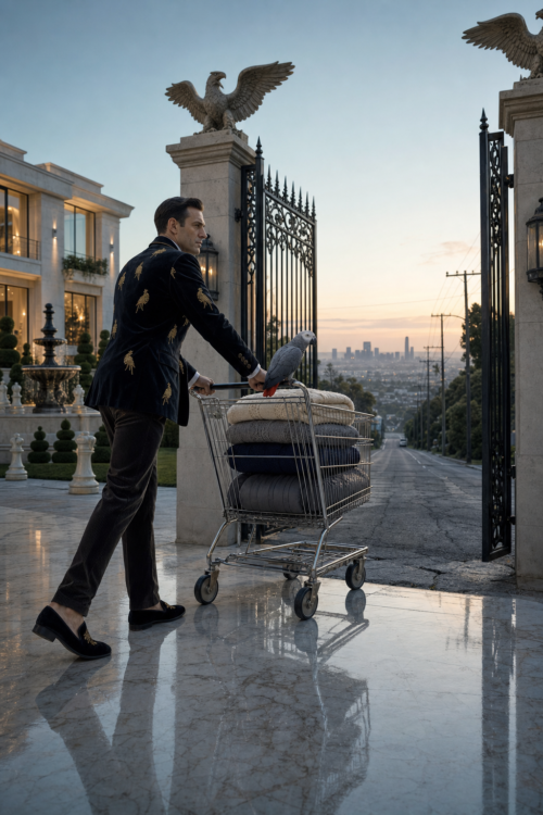 A man in a velvet smoking jacket pushes a shopping cart loaded with folded blankets through the wrought iron gates of a hillside mansion, a parrot riding the handle, the city skyline below.