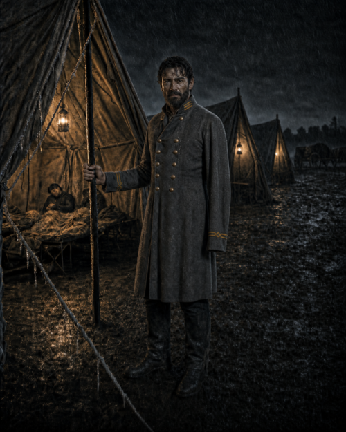 A soaked officer stands outside a lantern lit tent in the rain, a wounded man visible resting inside under a blanket.