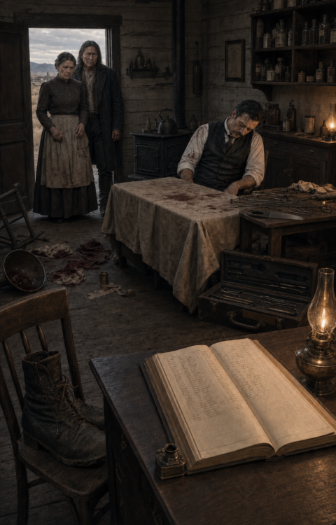 A woman and a native man stand in a doorway looking on as a man in a bloodstained vest sits slumped at a table covered in blood, surgical tools scattered around him.