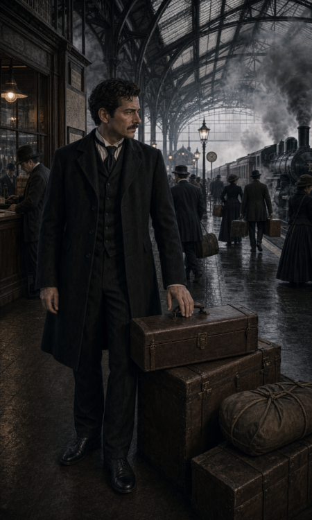 A man in a dark coat stands amid luggage on a smoky train station platform, other travelers passing beneath the iron and glass canopy behind him.