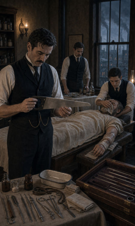 Three men attend to a patient under lamplight, one holding a bone saw, a burning industrial skyline visible through the window behind them.