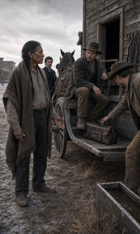 A native man gestures beside a horse drawn wagon as two other men hand down a leather bag in a frontier town under a winter sky.