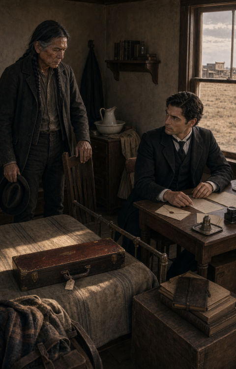 A native man stands with his hat in hand beside a younger man seated at a writing desk in a spare frontier room, a frontier town visible through the window.